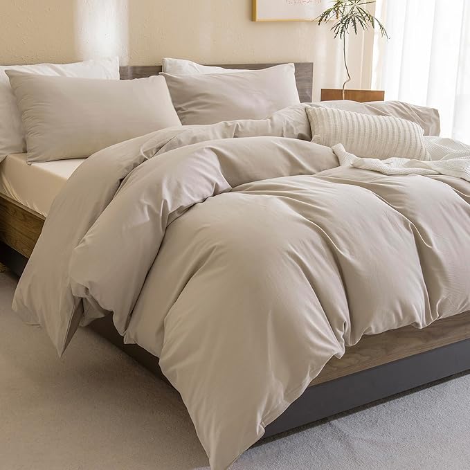 Sanracie King Comforter Set, Cotton Linen Feel Textured Comforter Set, Simple Neutral King Bedding Set 3pcs(1 Aesthetic Solid Comforter + 2 Pillowcases) Soft Lightweight