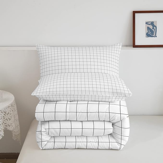 Erosebridal Buffalo Plaid Comforter Set Full Reversible Black Gray White Checked Bedding Set for Adult Men Women Farmhouse Grid Warm Soft Down Comforter Modern Geometric Bedroom Decor Grey Quilt Set