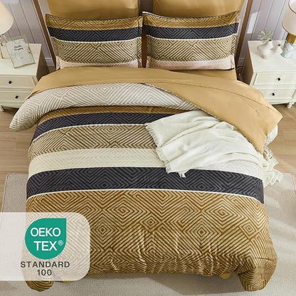 Drucon Brown Comforter Set Queen Size 7 Piece Bed in a Bag, Boho Striped Bedding Set, Soft Microfiber Comforter and Sheet Set for All Season (Queen, 90"x90")