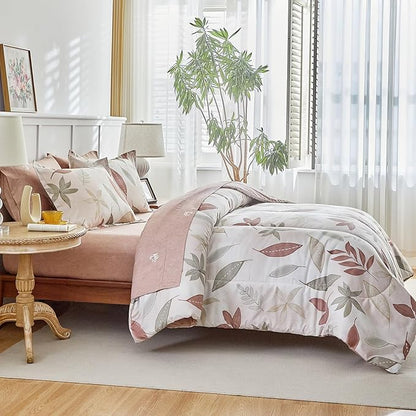 AIKASY 6-Piece Comforter Set Bed in a Bag, Beige Leaf Pattern Bedding Set with Comforter, Soft and Cozy All-Season Bedroom Decor (Twin, Beige)