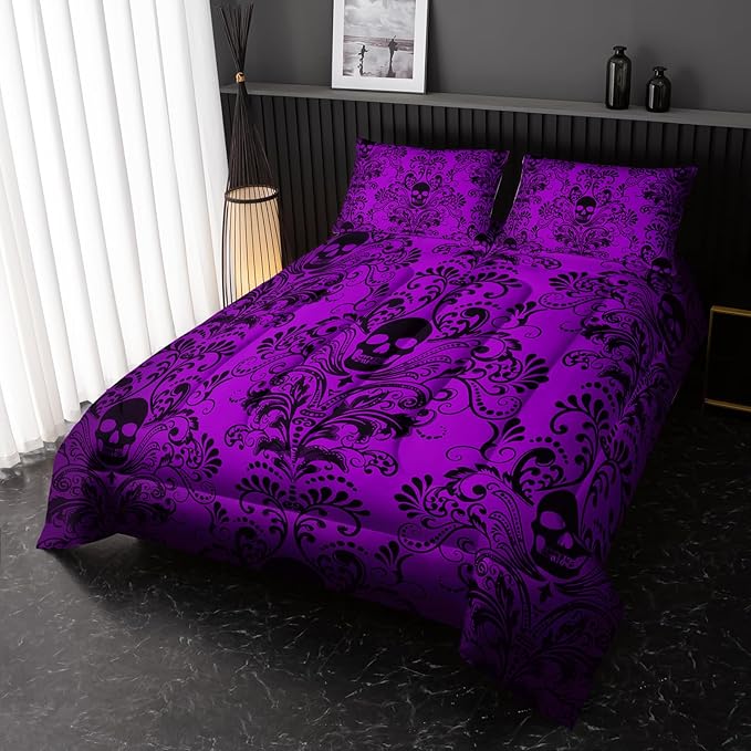 Adults Violet Gothic Comforter Set Twin Size,Vintage Damask Floral Bedding Set 3Pcs,Bohemia Bedding Set Goth Skull Printed Quilted Set for Teens Adult with 1 Comforter and 2 Pillowcase