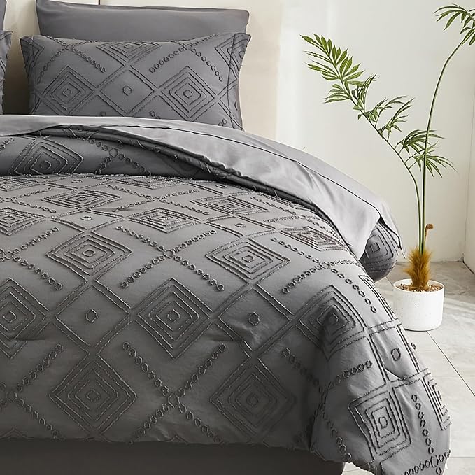 EMME King Comforter Set - 7 Pcs Dark Grey Boho Bedding Sets, King Size Tufted Comforter with Sheets, Shabby Chic Embroidery Bed Set Fluffy Bed Bag for All Season(102"X90")