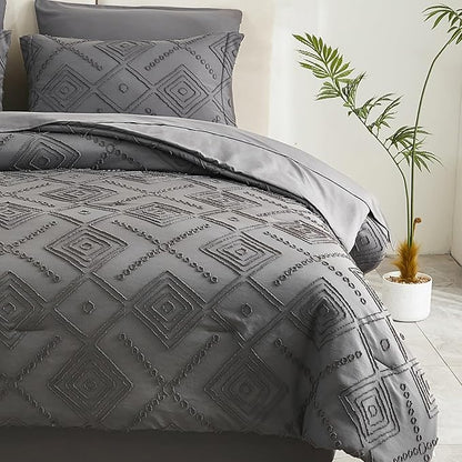 EMME King Comforter Set - 7 Pcs Dark Grey Boho Bedding Sets, King Size Tufted Comforter with Sheets, Shabby Chic Embroidery Bed Set Fluffy Bed Bag for All Season(102"X90")