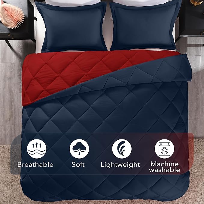 downluxe Queen Comforter Set - Red and Navy Queen Comforter, Soft Bedding Sets for All Seasons -3 Pieces - 1 Comforter (88"x92") and 2 Pillow Shams(20"x26")
