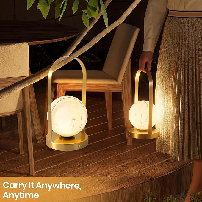 Portable Rechargeable Table Lamp with Marble Pattern Glass Shade – Gold Plated Metal Frame, Cordless LED Desk Light for Bedroom, Nursery, Camping