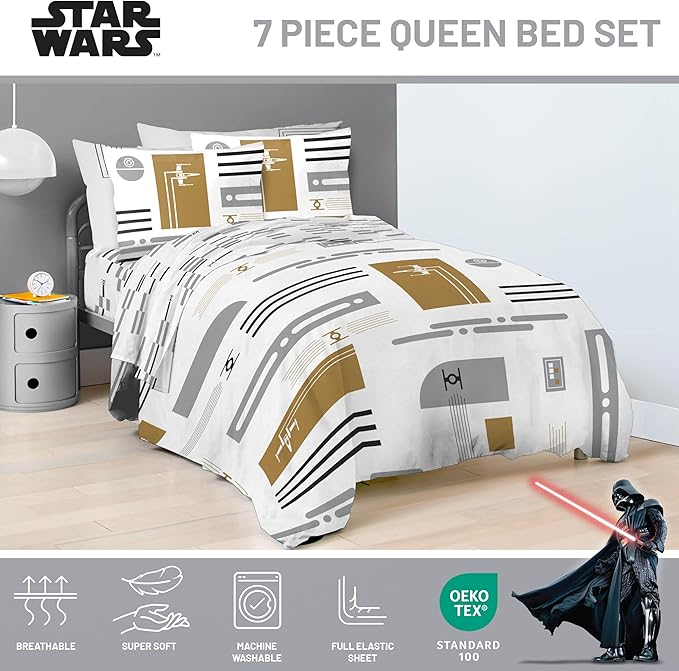 Jay Franco Comforter Set Includes Sheets and Pillow Covers - Soft and Cozy Bed Set for Stylish Room Decor, White - Star Wars, 7 Piece Queen Bedding
