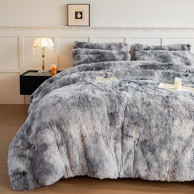chovy Faux Fur Tie-Dyed Black White Gray Colorful Comforter Sets Queen - 3PC Bed Set Ultra Soft Plush Flannel Velvet Fluffy Fuzzy Bedding（Comforter x 1 Pillowcases x 2）