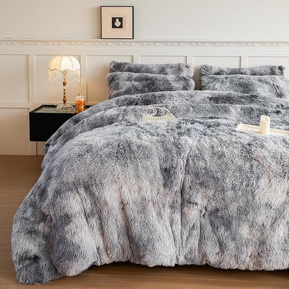 chovy Faux Fur Tie-Dyed Black White Gray Colorful Comforter Sets King - 3PC Bed Set Ultra Soft Plush Flannel Velvet Fluffy Fuzzy Bedding（Comforter x 1 Pillowcases x 2）