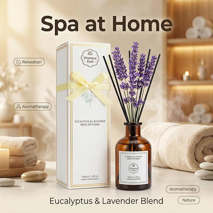 Eucalyptus & Lavender Essential Oil Reed Diffuser - 3.34 Fl Oz, Natural Calming Aromatherapy for Bedroom, Long Lasting Stress Relief Room Scent, Spa Like Home Fragrance, Non-Toxic & Gift Ready