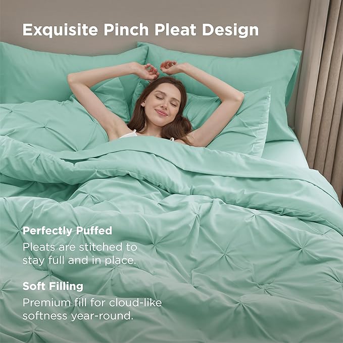 Bedsure Queen Comforter Set Mint Green - Bed in a Bag Queen Size Bedding 7 Pieces, GentleSoft™ Pintuck Bed Set Gift for Family, Pinch Pleat All Season Comforter with Sheets, Pillowcases & Shams