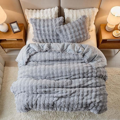 Twin Faux Rabbit Fur Comforter Set - 3 Pieces Fluffy Bedding Set Ultra Soft Warm Shaggy Winter Flannel Bed Set, Luxury Skin Friendly Sherpa Comforter Set & 2 Pillow Shams for Thanksgiving Light Gray
