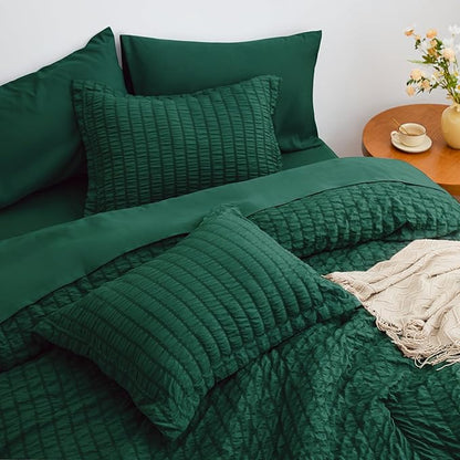 Love's cabin Seersucker Dark Green Queen Comforter Set, 7-Piece All Season Lightweight Bed in a Bag Bedding Set with Comforter, Flat Sheet, Fitted Sheet, Pillowcases and Shams | Soft, Breathable, Lightweight