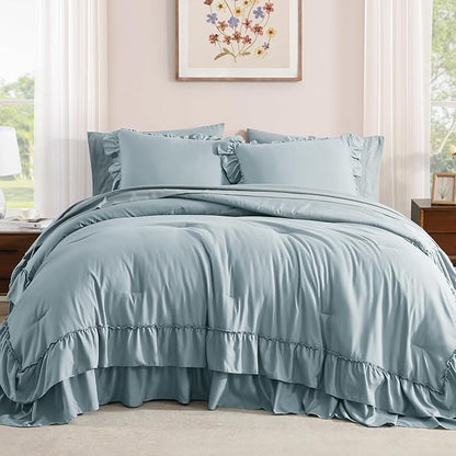 King Size Comforter Set Dusty Blue, Ruffle Shabby Chic Bedding Set Farmhouse 7 Pieces, All Season Fluffy Bed in a Bag with Sheets, Pillowcases & Shams