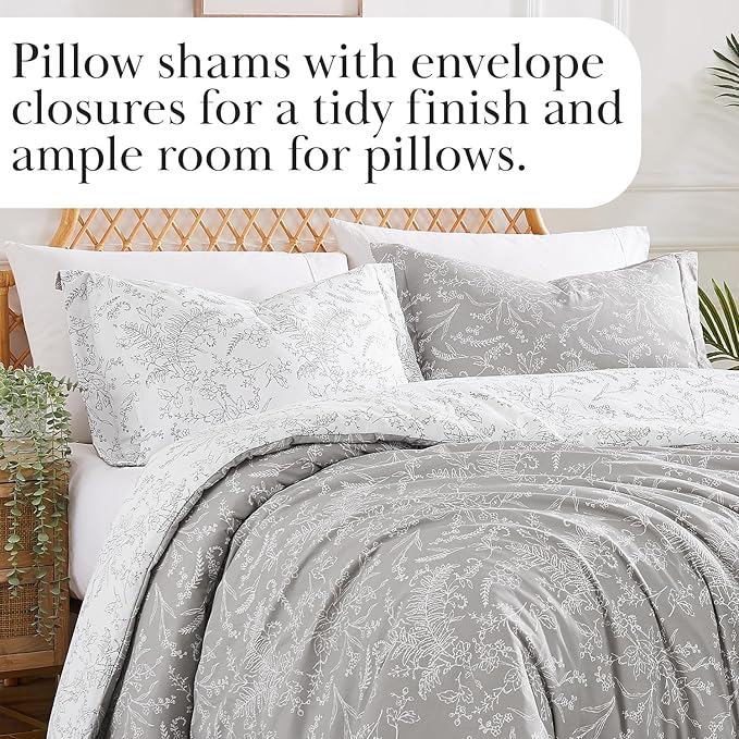 Southshore Fine Living, Inc. King Size Comforter Set, Down Alternative Floral Comforter with Matching Pillow Shams, Reversible Bedding Sets, Fits California/King Bed, Winter Brush Grey/White