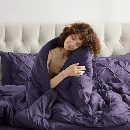 Nestl Queen Comforter Set 7 Piece - Pinch Pleated Comforters Queen Size Purple, Bed in a Bag Queen All Season, Queen Size Comforter Sets Bedding with Flat Sheet and Fitted Sheet, Pillowcases and Shams