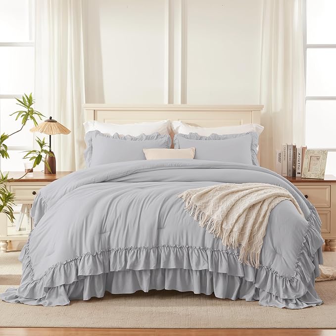 Andency Light Gray Ruffle Comforter Set King, Shabby Chic Farmhouse Bedding Comforter, Soft Lightweight Fluffy Microfiber Bet Set All Season 3 Pieces Solid Comforter Set