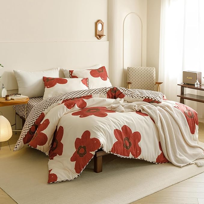 CLOTHKNOW Sunflower Full Comforter Set 3Pcs Rust Beige Floral Bedding Comforter Sets Brown Plaid Comforter Botanical Boho Comforter Sets Full