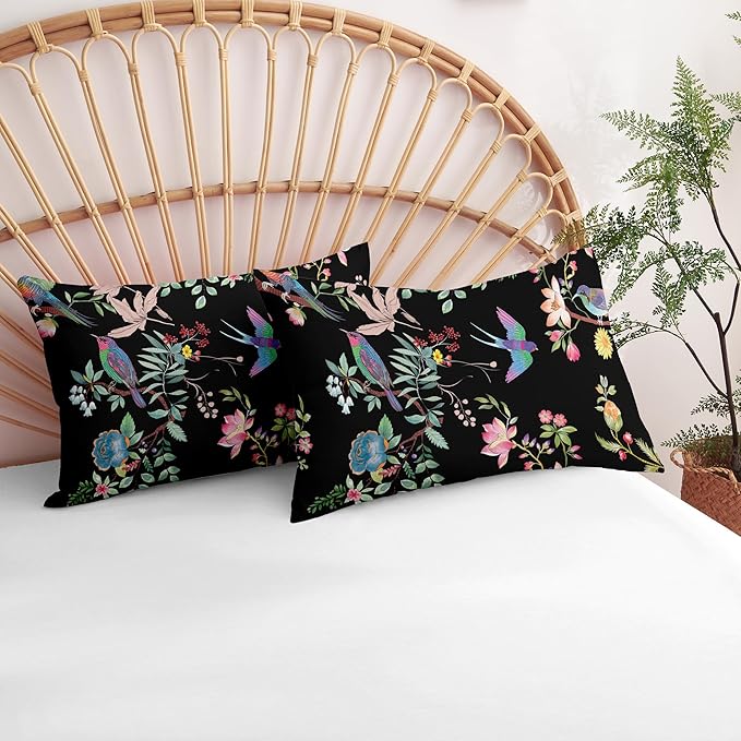 Nayoroom Black Floral Comforter Set Queen Size Blue Pink Bird Flower Botanical Pattern Spring Bedding Set 3 Pieces Soft Lightweight Aesthetic Garden Comforter for All Seasons