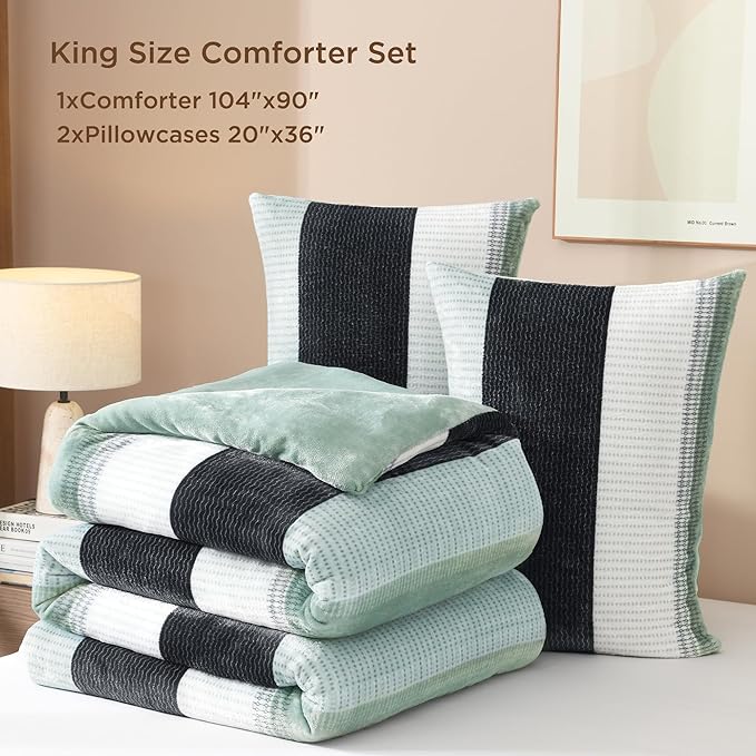 Litanika Fluffy Fleece King Size Comforter Set, Luxury Soft Plush Fuzzy Sage Green Stripe Bedding Comforter Sets, Warm Shaggy Faux Fur Bed Set All Season (1 Comforter, 2 Pillowcases)