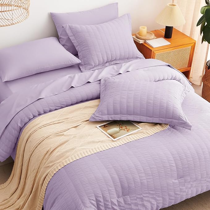 CozyLux King Seersucker Comforter Set Light Purple Bed in a Bag 7-Pieces All Season Lavender Bedding With Comforter, Pillow Sham, Flat Sheet, Fitted Sheet, Pillowcase