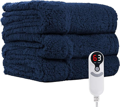 Electric Heated Blanket Throw Size 50"×60" with 9 Heating Levels 1-10 Hs auto Off, Heating Throw Double Sided Sherpa, Energy Efficient, Machine Washable, for Sofa & Office, Dark Blue