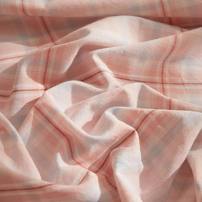 HighBuy Pink Plaid Comforter Set King Fluffy 3 Piece Chic Bohemian Gingham Grid Patchwork Hotel Quality Bedding Comforter Soft Aesthetic for College Teens 1 Boho Comforter with 2 Pillowcases