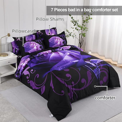 Xruibed Floral Comforter Set Full 7 Piece Bed in a Bag Purple Rose Flower Comforter with Sheet Set Soft Micorfiber Bedding Set (1 Comforter,2 Pillow Shams,1 Flat Sheet,1 Fitted Sheet,2 Pillowcases)