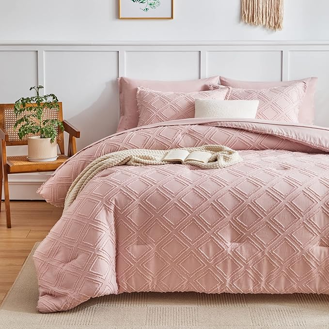 6 Pieces Tufted Bed in a Bag Twin Comforter Set with Sheets Blush Pink, Soft and Embroidery Shabby Chic Boho Bohemian, Luxury Solid with Diamond Pattern, Jacquard Tufts Bedding Set for Kids Girls