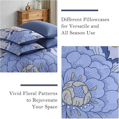 DJY 7 Pieces Blue Floral Comforter Set Queen Size Botanical Bed in a Bag, Soft Microfiber Boho Farmhouse Bedding Floral Comforter with Sheets Set for All Season (104''x90'')