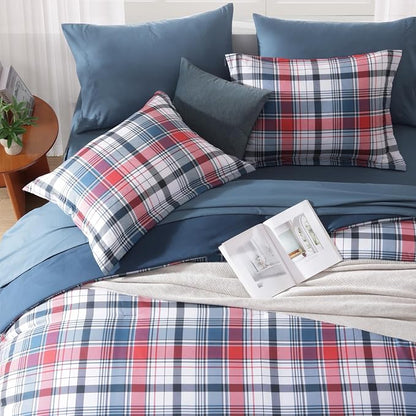 MaiRêve Twin XL Size Plaid Comforter Set Navy Red, Classic 5 Pieces Farmhouse Bedding Set, All Season Lightweight Bed in A Bag with Sheets, Pillowcase & Sham