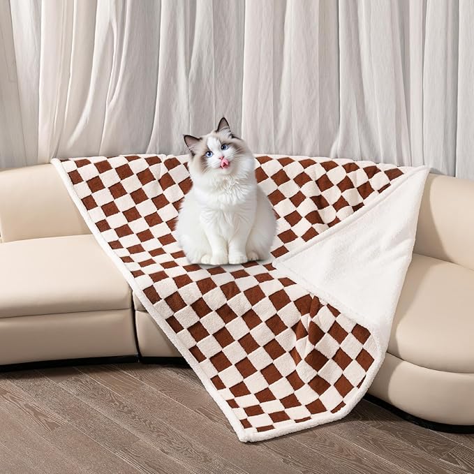 Waterproof Pet Blanket,Dog Bed Covers Small Throw for Puppy Cats Stylish Jacquard Pets Couch Sofa Furniture Protection Washable Reversible Covers (Coffee Check,XS)
