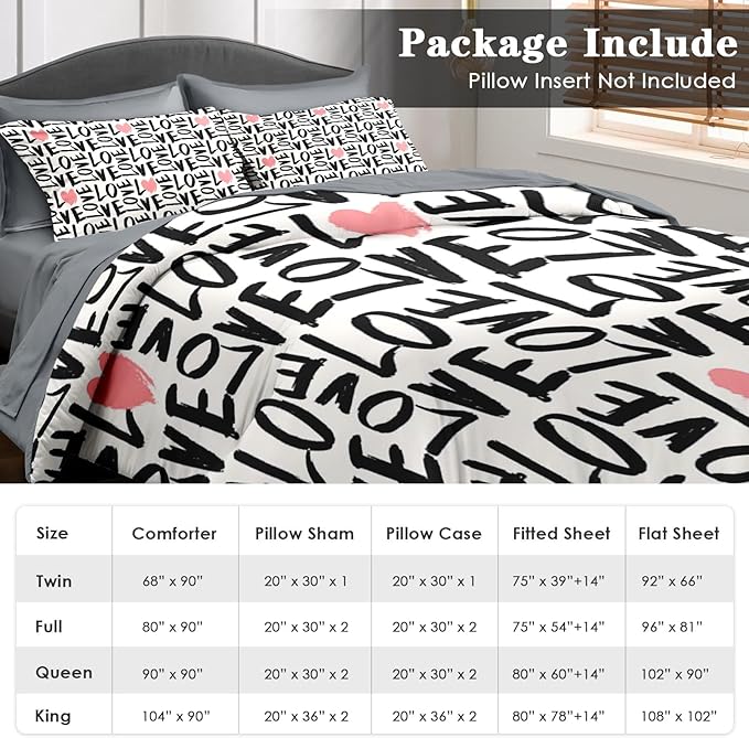Comforter Set Queen Size, Love Heart 7 Pcs Bedding for Kids and Adults, Black and Pink Bedding Sets with Fitted Sheet 2 Pillowcases & 2 Shams for Bedroom Bed Decor