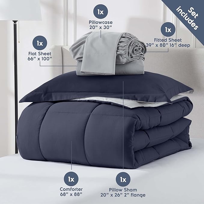 Nestl 5 Piece Twin XL Comforter Set – Navy Reversible Bed in a Bag – Complete Twin XL Size Bedding Set with Sheets, Pillowcase and Sham