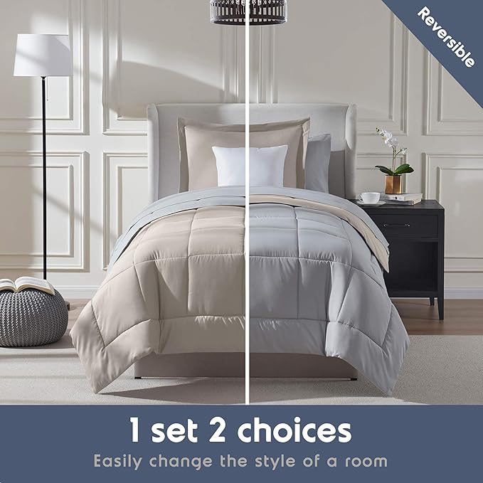 Nestl 5 Piece Twin Comforter Set – Beige Reversible Bed in a Bag – Complete Twin Size Bedding Set with Sheets, Pillowcase and Sham