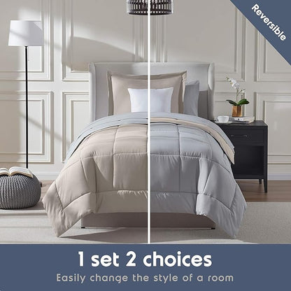Nestl 5 Piece Twin Comforter Set – Beige Reversible Bed in a Bag – Complete Twin Size Bedding Set with Sheets, Pillowcase and Sham
