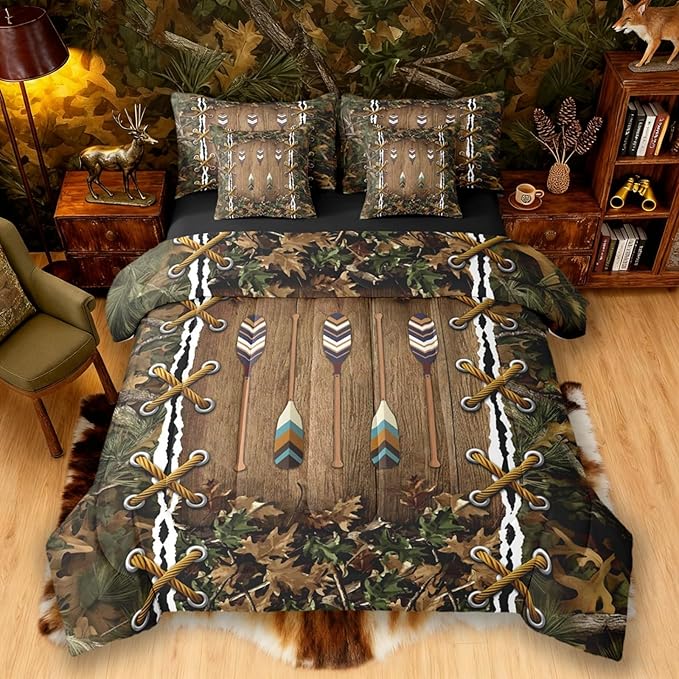 Camo Cabin Bed in a Bag King Size Comforter Set 7-Piece | Country Lake Oar Bedding Sets Mens Camouflage Comforter and Sheet Set, Woodland Animals Farmhouse Room Decor,Hunting Rustic Farmhouse Decor