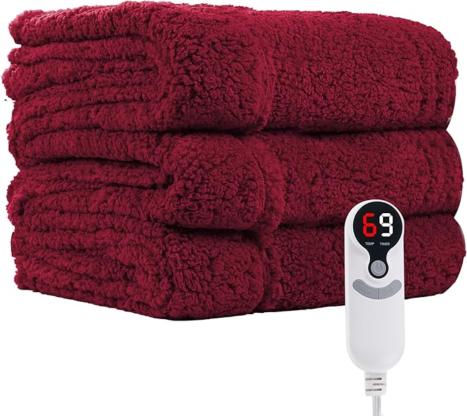 Electric Heated Blanket Full Size 72"×84" with 9 Heating Levels & 1-10Hs Auto Off，Double Sided Plush Sherpa, Energy Efficient, Machine Washable, for Couch & Bed, Red