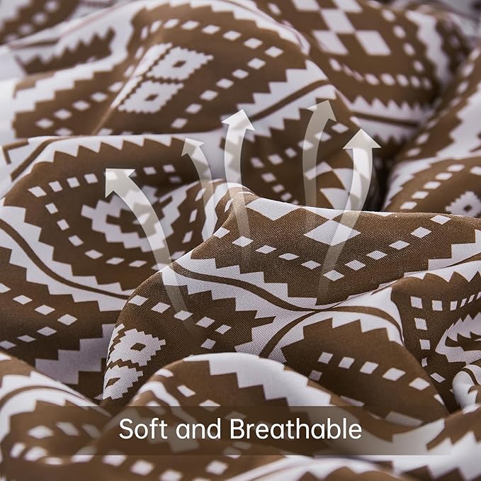 Luxudecor Brown Comforter Set King Size 7 Pieces,Boho Aztec Comforter with Sheet Set,Geometric Striped Pattern Bed in a Bag,Soft Microfiber Bed Set 104"x90"
