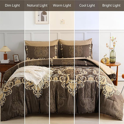 Mybedsoul Coffee Queen Comforter Set, 7 Pieces Boho Bed in a Bag for Queen Bed, Damask Comforter with Sheets Pillowcases, Soft Microfiber Lightweight Bedding Sets for All Season(90"x90")