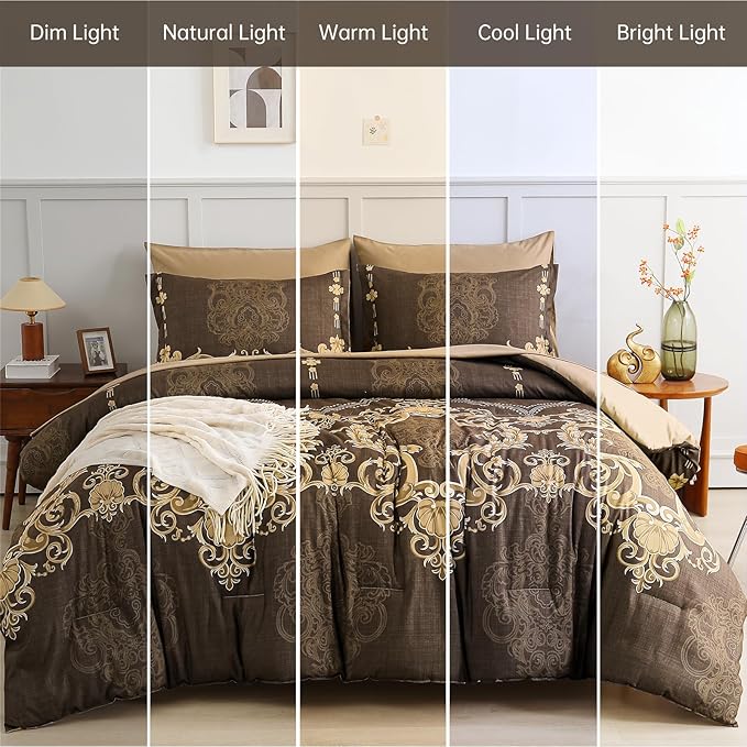 Mybedsoul 7 Pieces Coffee Comforter Set King Size, Damask Bed in a Bag for King Bed, Lightweight Microfiber Boho Bedding Sets with Comforter, Sheet, Pillowcases & Shams for All Season(90"x104")
