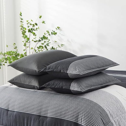 Anibedding 7 Pieces Bed in a Bag Black Grey Comforter Full Size, Lightweight Striped Microfiber Bedding Set for Bedroom (1 Comforter, 2 Pillowcase, 2 Pillow Shams,1 Flat Sheet, 1 Fitted Sheet)