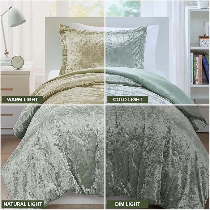 Comfort Spaces Luxe Velvet Comforter Set for Twin Size Bed, Microfiber Reverse, Juliette, All Season Bedding, Fluffy Bed Set, Sham, Sage Green 2 Piece