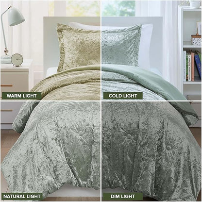 Comfort Spaces Luxe Velvet Comforter Set for Twin Size Bed, Microfiber Reverse, Juliette, All Season Bedding, Fluffy Bed Set, Sham, Sage Green 2 Piece