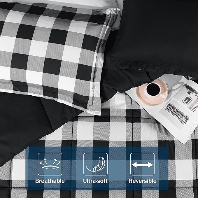 downluxe Lightweight Plaid Comforter Set (Twin) with 1 Pillow Sham - 2-Piece Set - Black/White Plaid - Down Alternative Reversible Comforter