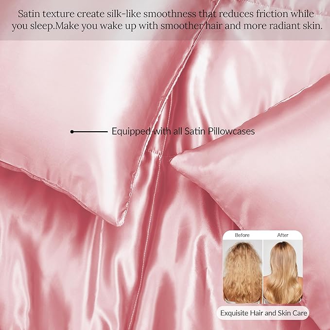 Whale Flotilla 3-Piece Reversible Silky Soft Queen Comforter Bedding Set, Luxurious Satin Comforters Full Size with 2 Satin Pillowcases, Lightweight Duvet for All Seasons, Pink