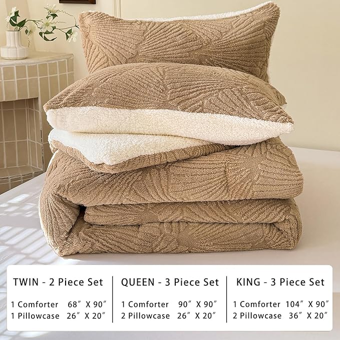 Seashell Jacquard Sherpa Comforter Set Warm Cozy Premium Bedding 3 Pieces, King Size Geometric Pattern Quilt Comforter with 2 Pillowcases(104"X90" Beige)