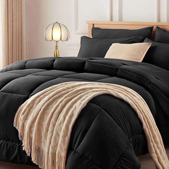 Newspin Queen Comforter Set Black - Bed in a Bag Queen Size 7 Pieces, All Season Bed Set, Fluffy Comforter Set with Sheets, Sheet Set Quilt Blanket, Pillowcases & Shams