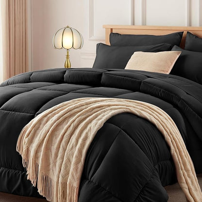 Newspin King Comforter Set Black - Bed in a Bag King Size 7 Pieces, All Season Bed Set, Fluffy Comforter Set with Sheets, Sheet Set Quilt Blanket, Pillowcases & Shams