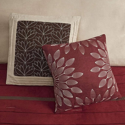 Madison Park Palmer Comforter Set-Luxury Faux Suede Design, Striped Accent, All Season Down Alternative Bedding, Matching Shams, Decorative Pillow, Bed Skirt, Queen (90 in x 90 in), Red 7 Piece