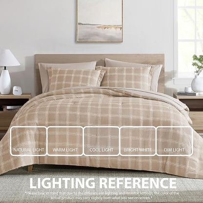 Cathay Home Basic Bedding Home Essential Ultra Soft Lightweight 5PC Wrinkle Resistant Microfiber Bed in a Bag Set (Includes Complete Sheet Set & Comforter Set) - Taupe Plaid, Twin